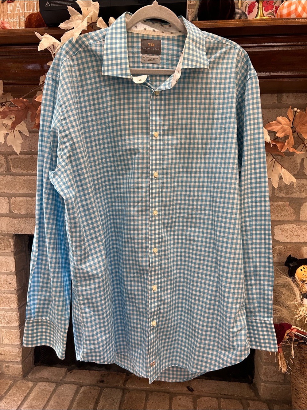 Thomas Dean Blue and White Gingham Button-Up Dress Shirt EUC